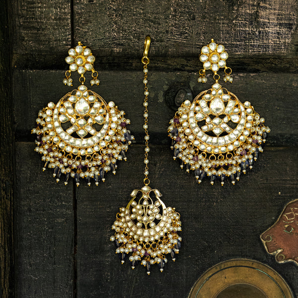 MDE037- White and Blue Colour Gold Plated Jadau Kundan Chandbali Earrings with Tika