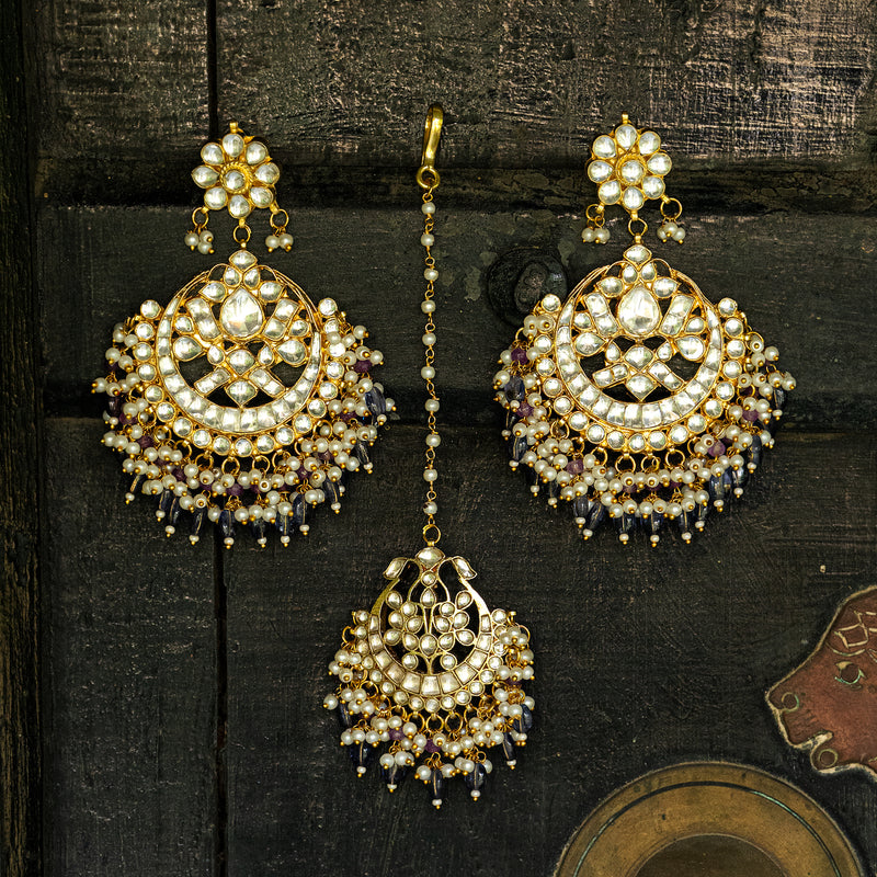 MDE037- White and Blue Colour Gold Plated Jadau Kundan Chandbali Earrings with Tika