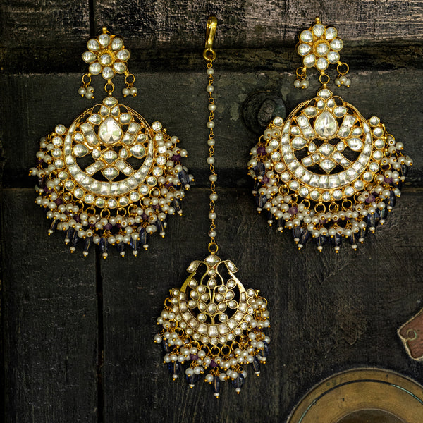 MDE037- White and Blue Colour Gold Plated Jadau Kundan Chandbali Earrings with Tika