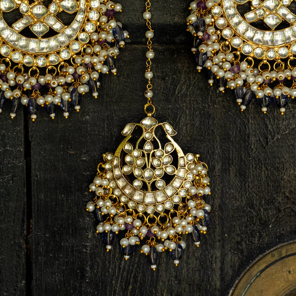 MDE037- White and Blue Colour Gold Plated Jadau Kundan Chandbali Earrings with Tika