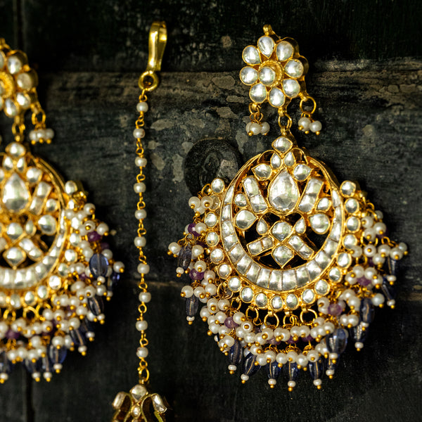 MDE037- White and Blue Colour Gold Plated Jadau Kundan Chandbali Earrings with Tika