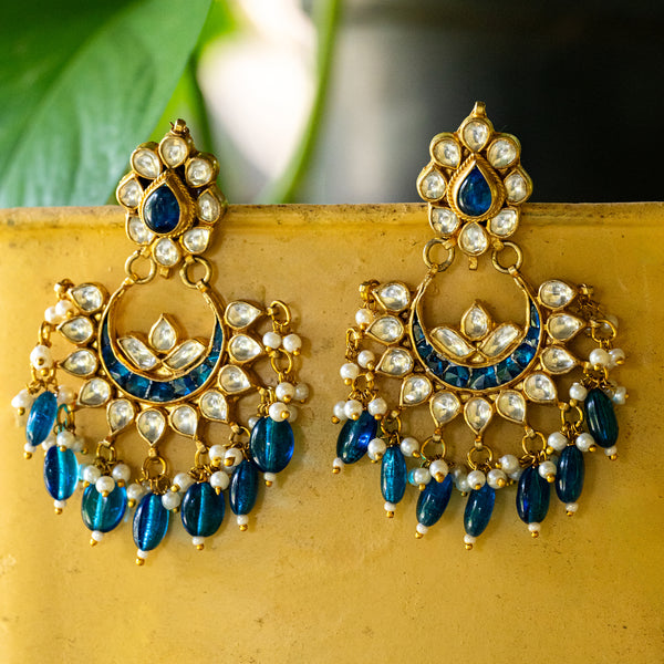 MDE041- Blue and White Colour Gold Plated Jadau Kundan Chandbali Earrings