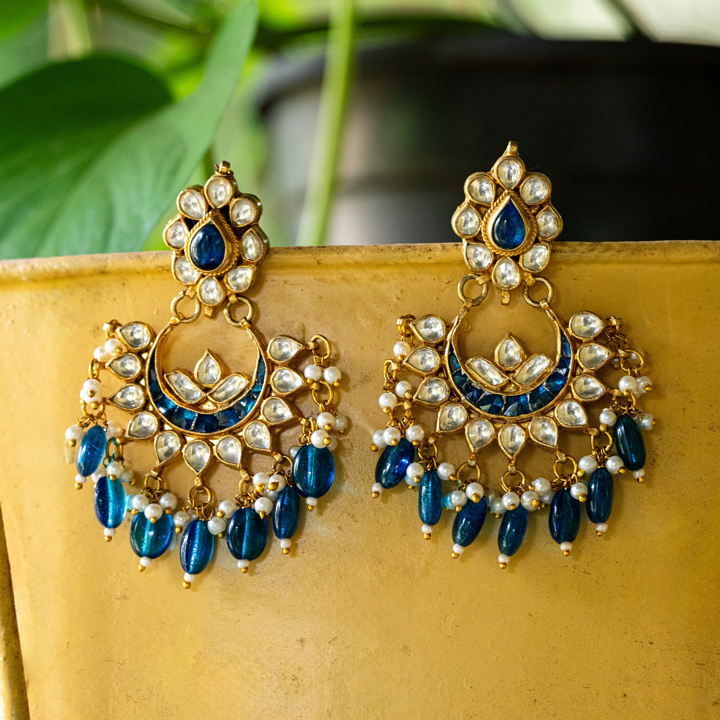 MDE041- Blue and White Colour Gold Plated Jadau Kundan Chandbali Earrings