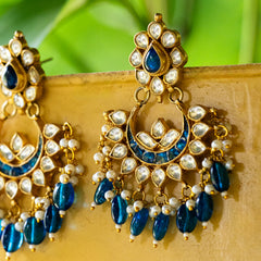 MDE041- Blue and White Colour Gold Plated Jadau Kundan Chandbali Earrings