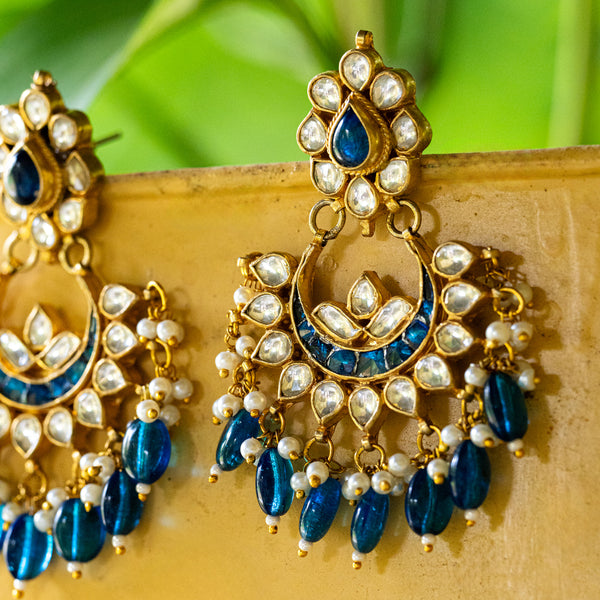 MDE041- Blue and White Colour Gold Plated Jadau Kundan Chandbali Earrings