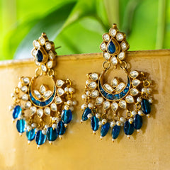 MDE041- Blue and White Colour Gold Plated Jadau Kundan Chandbali Earrings
