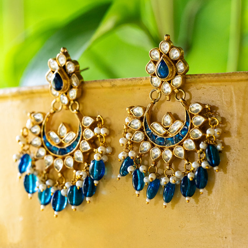 MDE041- Blue and White Colour Gold Plated Jadau Kundan Chandbali Earrings