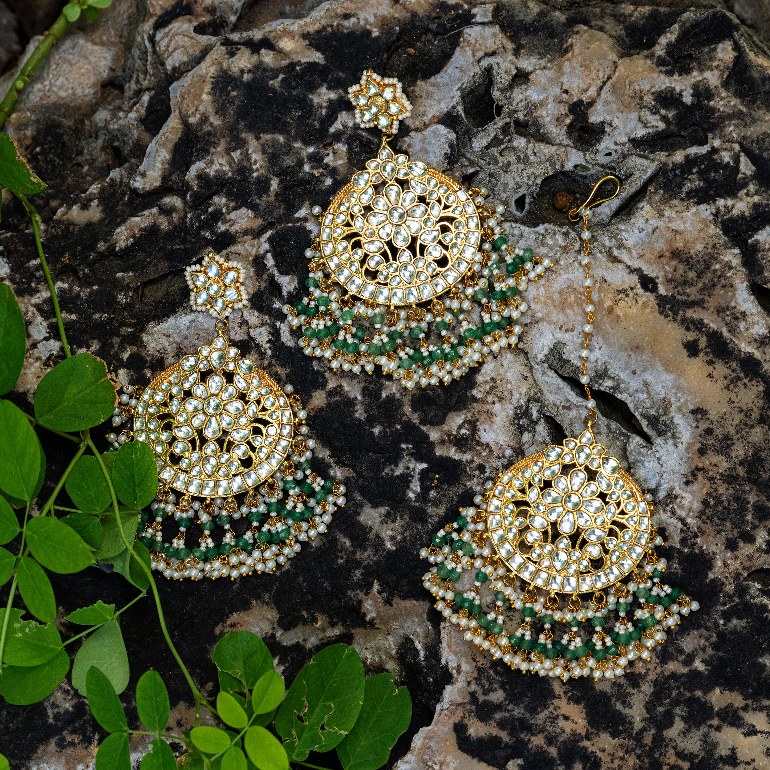 MDE044- White Colour Gold Plated Jadau Kundan Chandbali Earrings with Tika