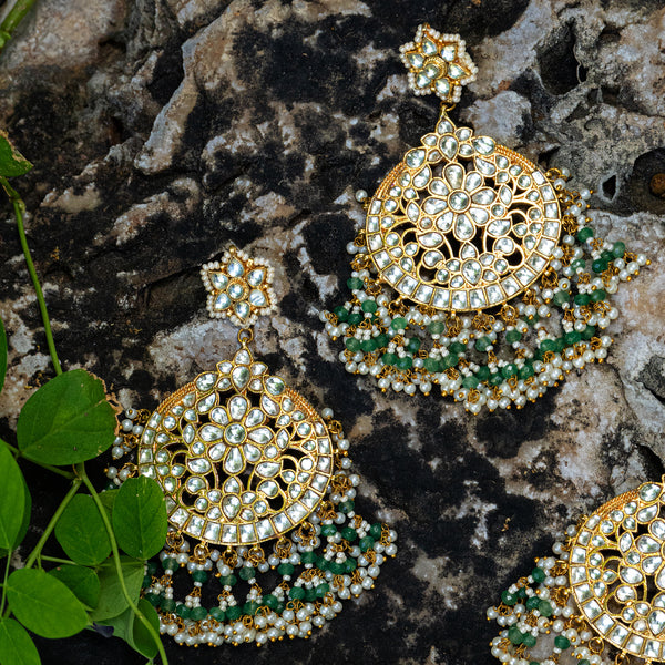 MDE044- White Colour Gold Plated Jadau Kundan Chandbali Earrings with Tika