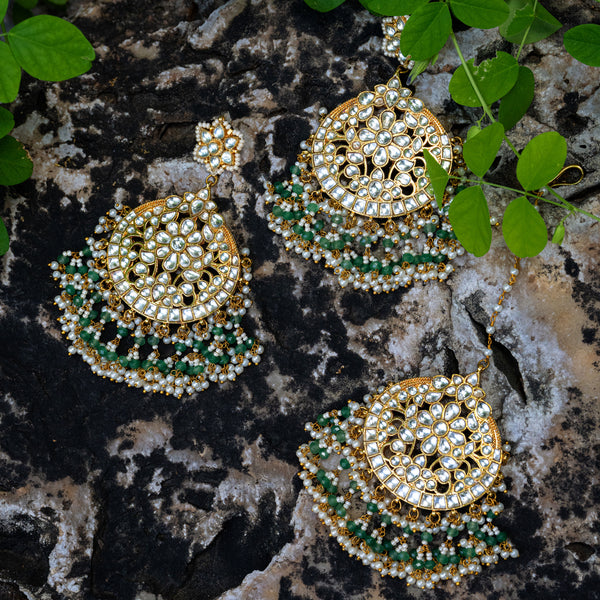 MDE044- White Colour Gold Plated Jadau Kundan Chandbali Earrings with Tika