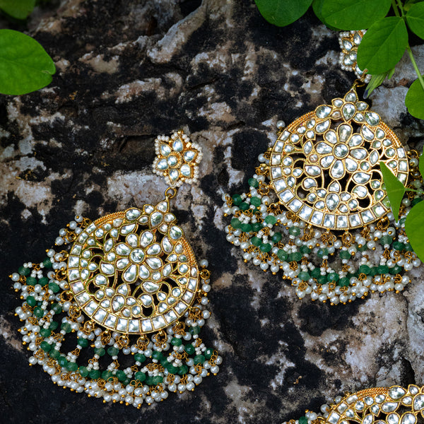 MDE044- White Colour Gold Plated Jadau Kundan Chandbali Earrings with Tika