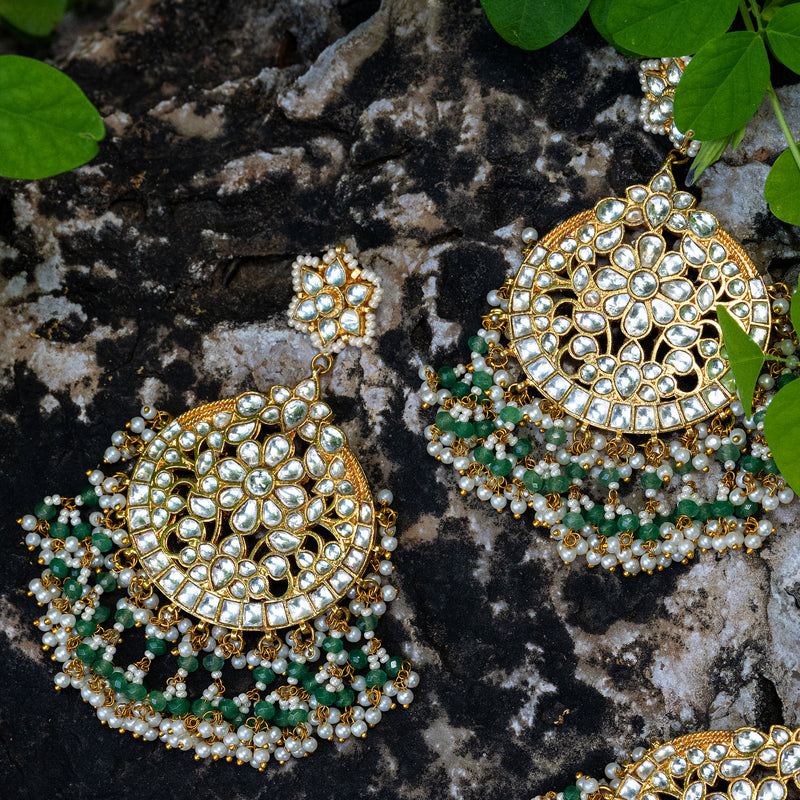 MDE044- White Colour Gold Plated Jadau Kundan Chandbali Earrings with Tika