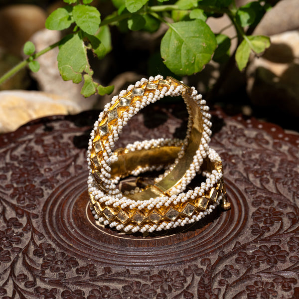 MDB067- White Colour Gold Plated Jadau Kundan Bangles