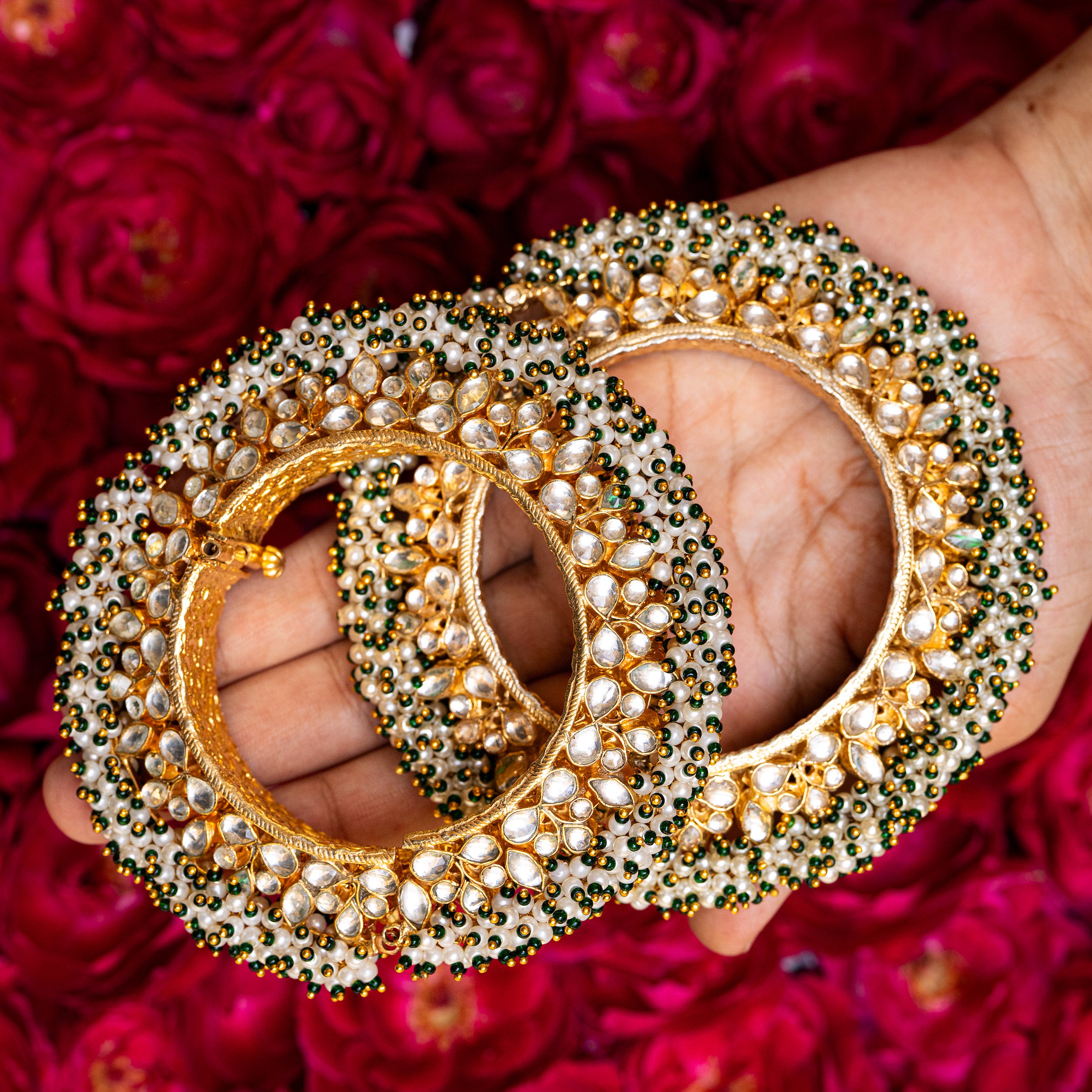 MDB069- White and Green Colour Gold Plated Jadau Kundan Bangles