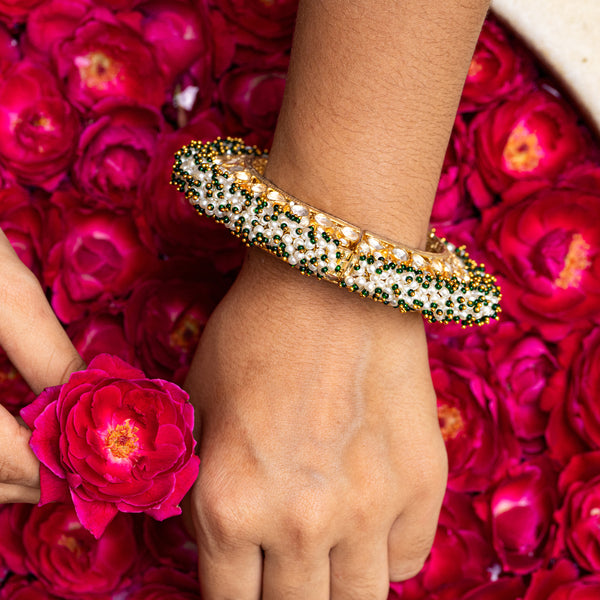 MDB069- White and Green Colour Gold Plated Jadau Kundan Bangles