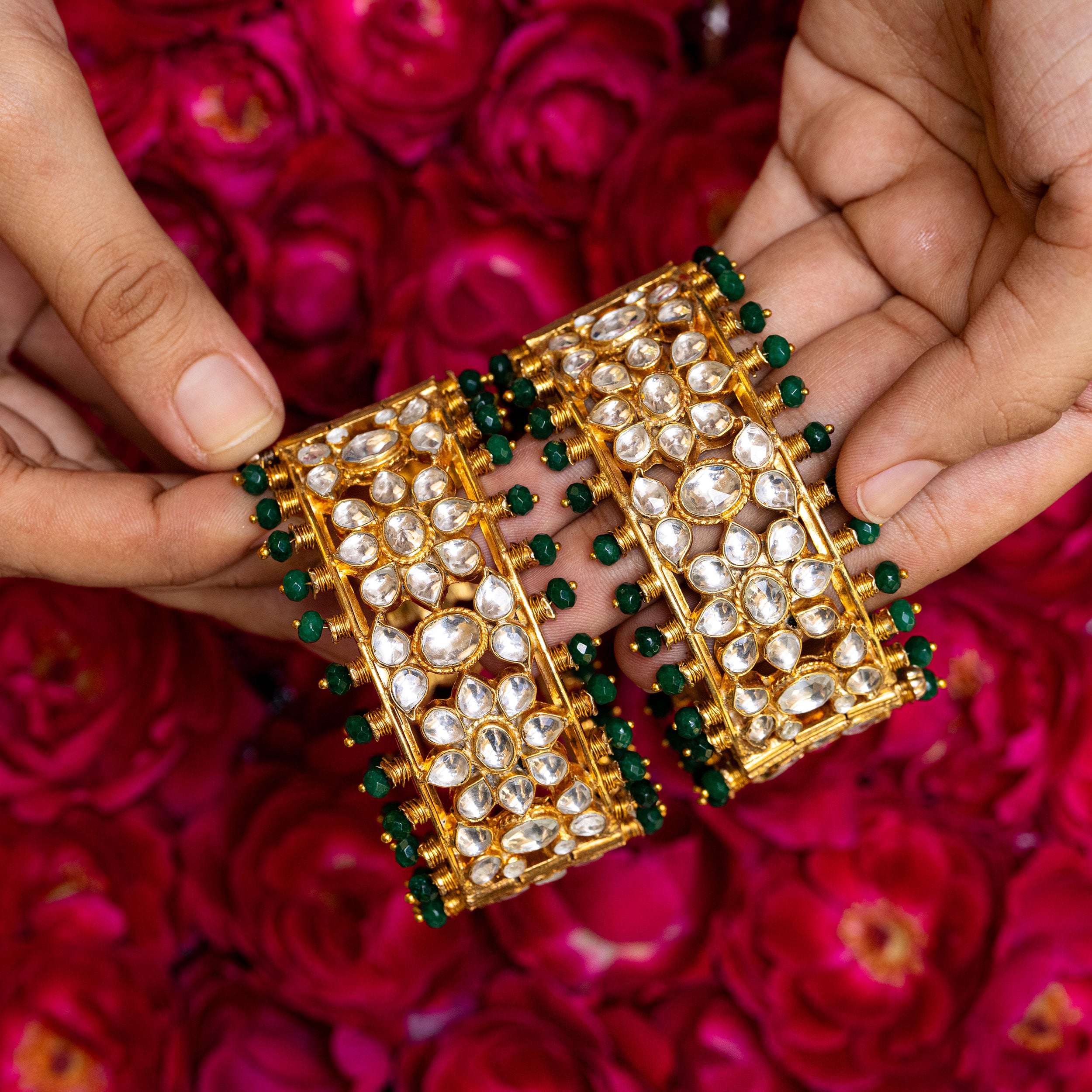 MDB068- White and Green Colour Gold Plated Jadau Kundan Bangles