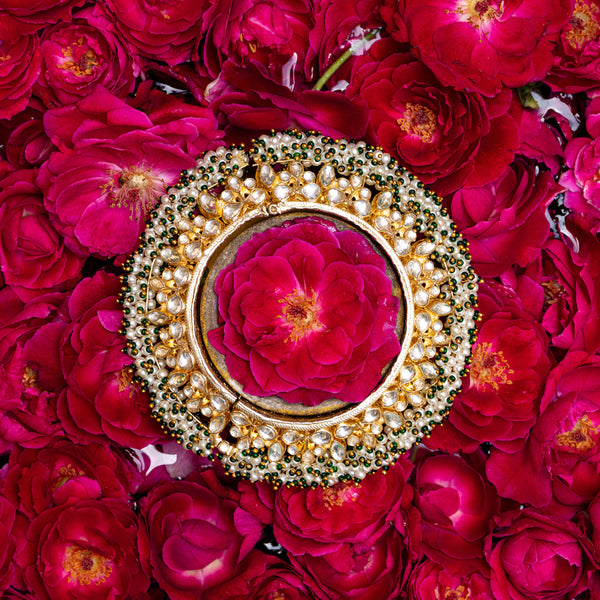 MDB069- White and Green Colour Gold Plated Jadau Kundan Bangles