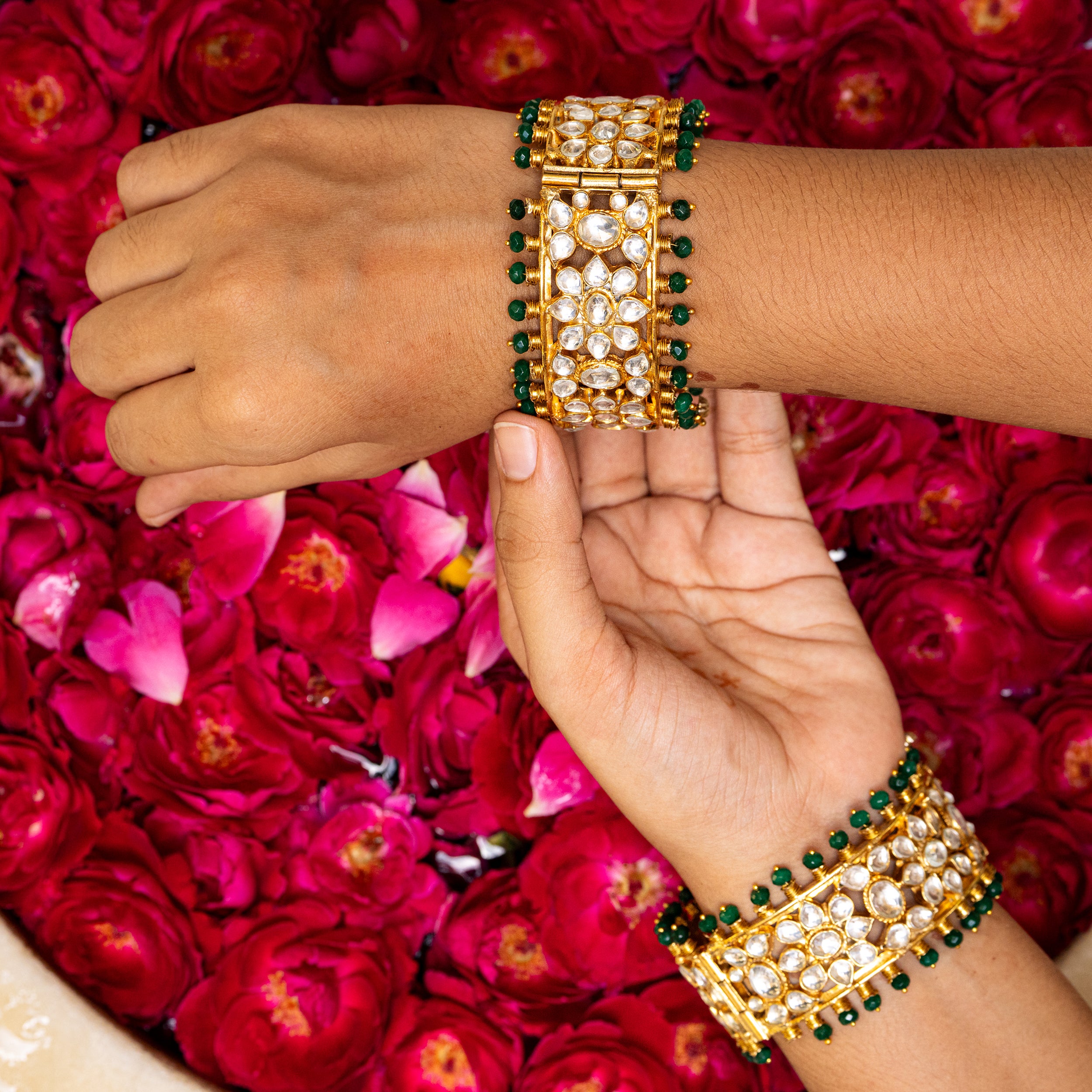 MDB068- White and Green Colour Gold Plated Jadau Kundan Bangles