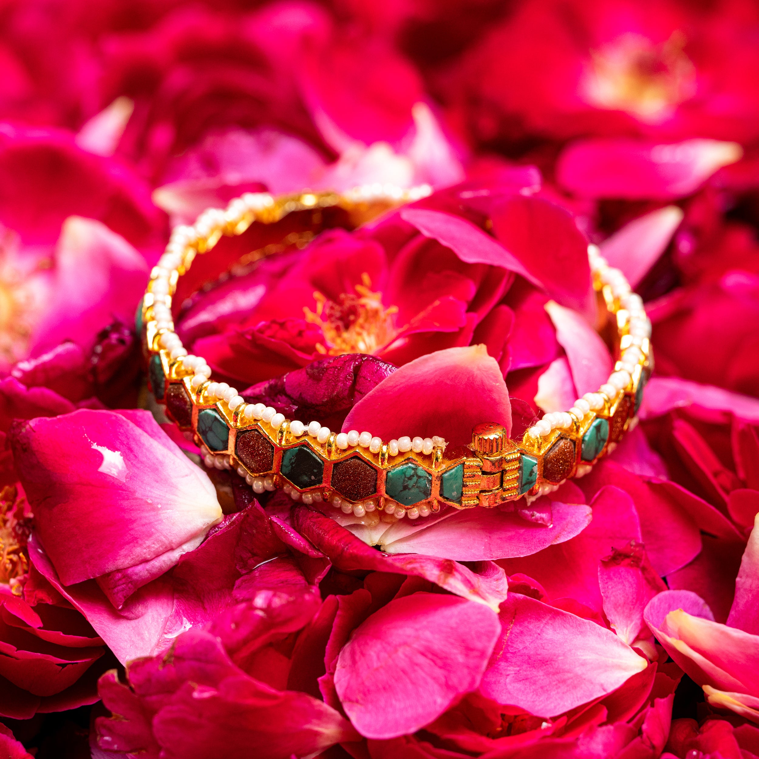 MDB065- Brown and Firoza Colour Gold Plated Jadau Kundan Bangles