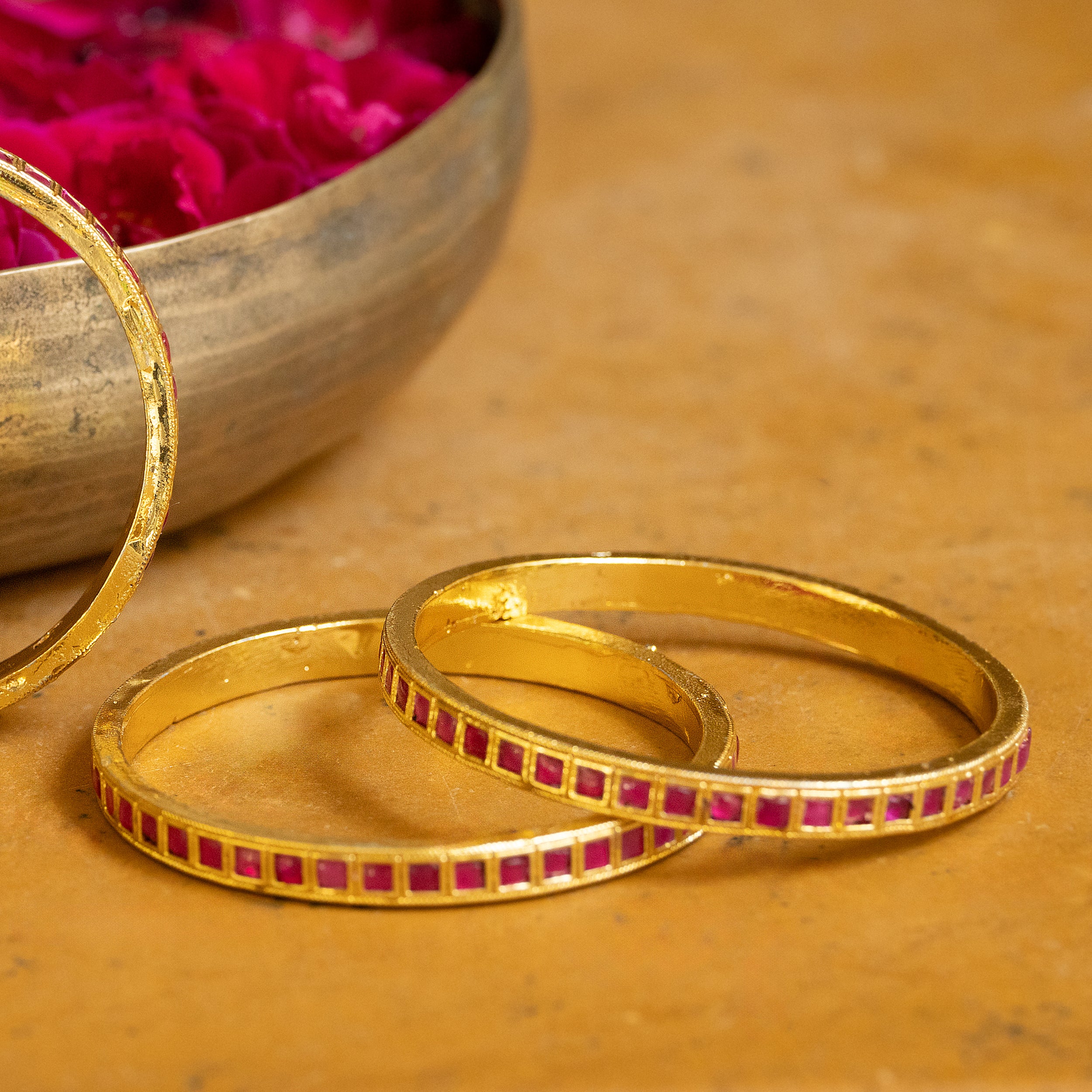 MDB061- Pink Colour Gold Plated Jadau Kundan Bangles