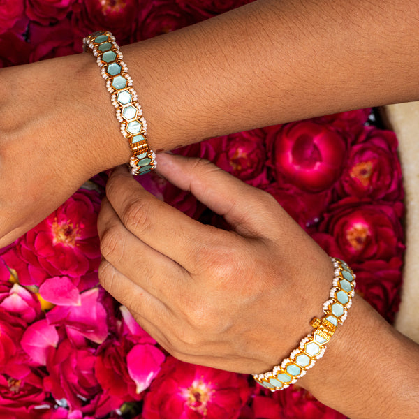 MDB065- Mint Colour Gold Plated Jadau Kundan Bangles
