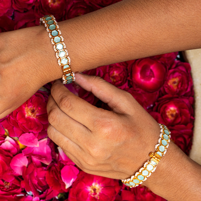 MDB065- Mint Colour Gold Plated Jadau Kundan Bangles
