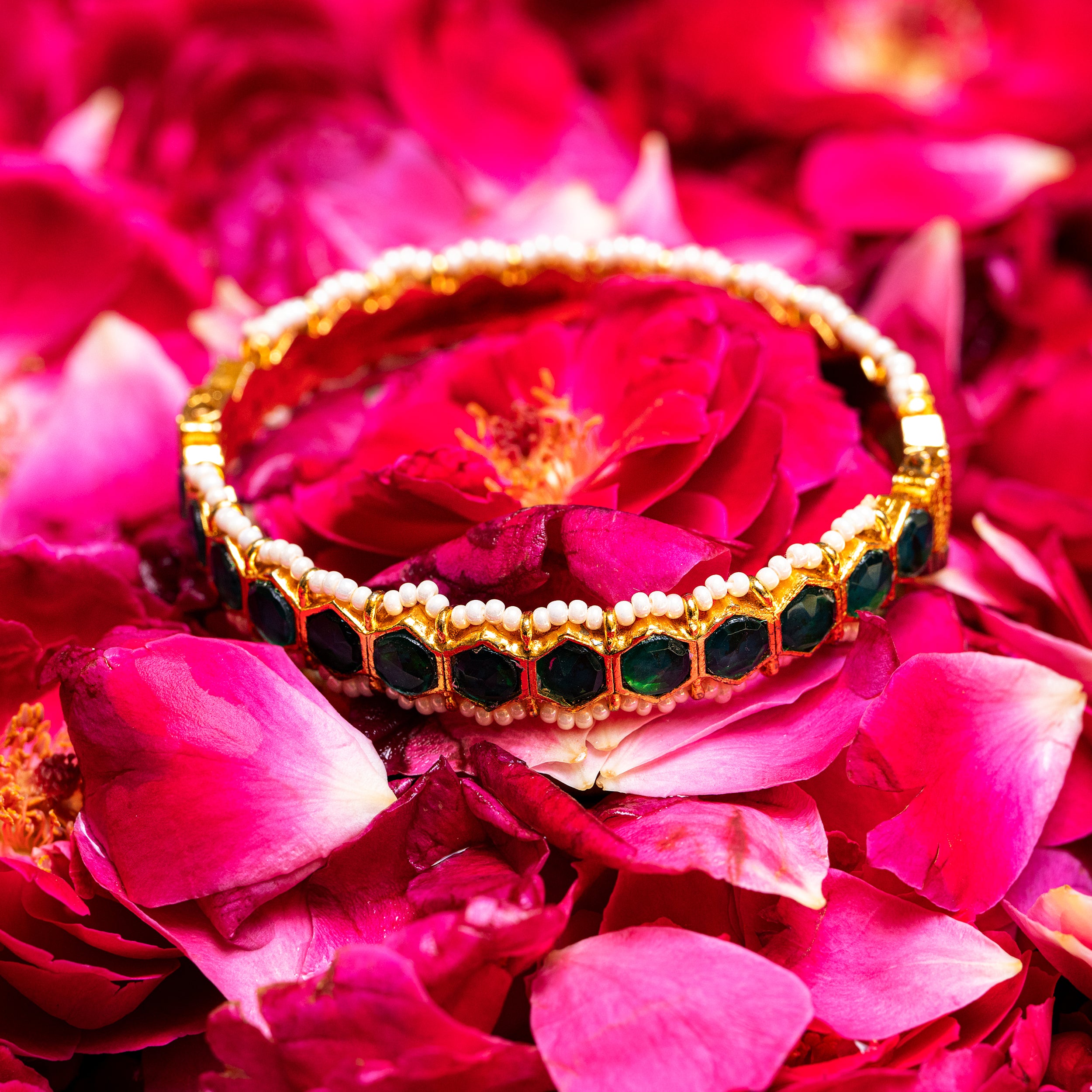 MDB065- Green Colour Gold Plated Jadau Kundan Bangles