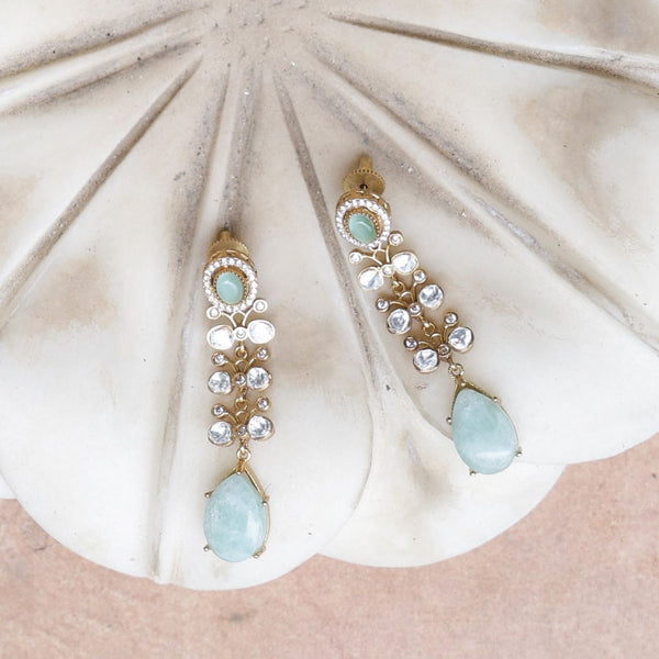 MDE881- Light Blue & White Colour Gold Plated Faux Polki Dangler Earrings