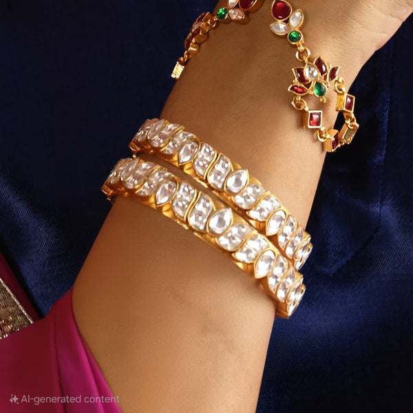 MDB532- White Colour Gold Plated Jadau Kundan Lotus Thappa Bangles