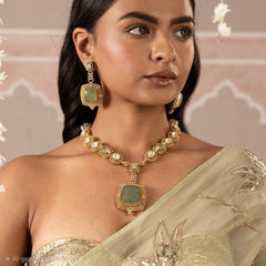 MDN949- Mint and White Colour Gold Plated Faux Polki Pendant Set