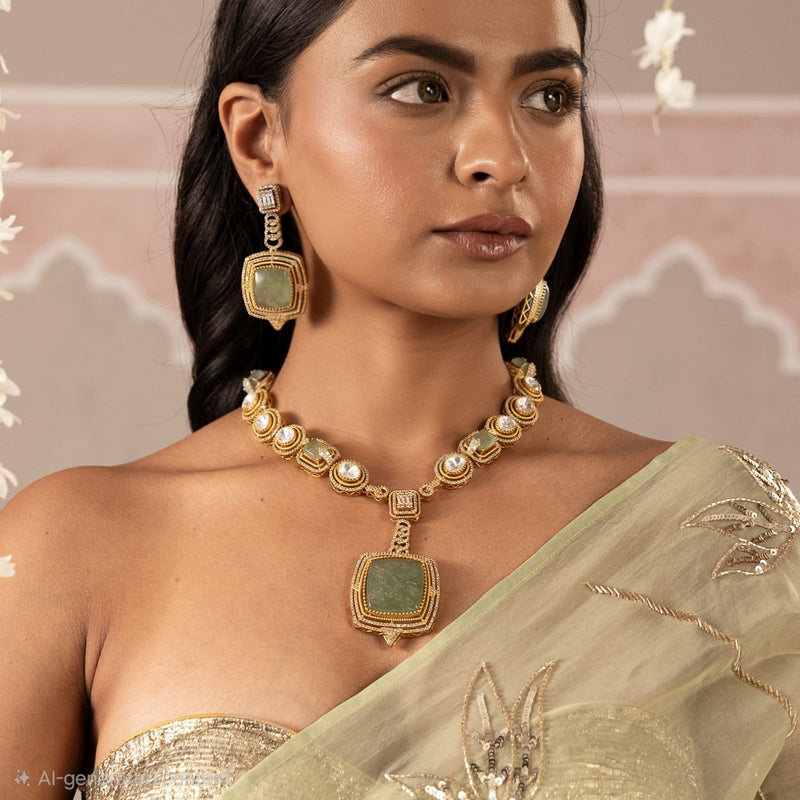 MDN949- Mint and White Colour Gold Plated Faux Polki Pendant Set