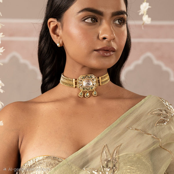 MDN950- Mint and White Colour Gold Plated Faux Polki Choker Set