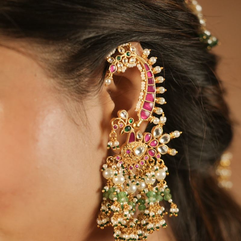 Multi Colour Gold Plated Jadau Kundan Earcuffs