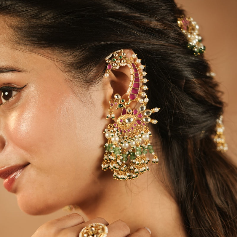 Multi Colour Gold Plated Jadau Kundan Earcuffs